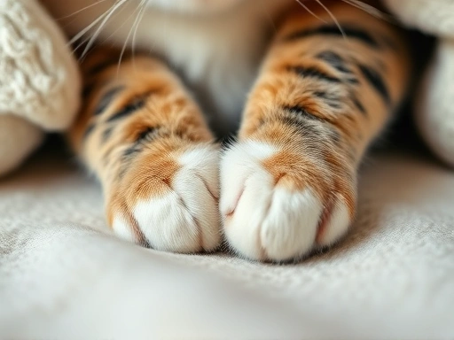 근접 촬영된 고양이 발바닥이 부드러운 담요를 꾹꾹 누르고 있는 모습