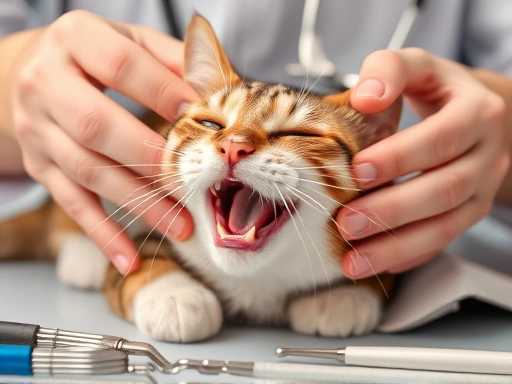 수의사의 손이 고양이의 입 안을 부드럽게 확인하는 클로즈업 사진.