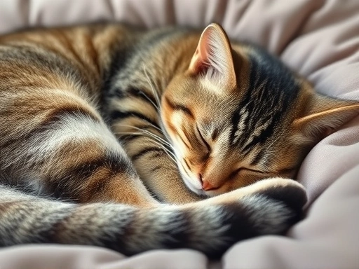 무기력해 보이는 고양이가 편안한 침대 위에 웅크리고 누워 있는 클로즈업 사진.