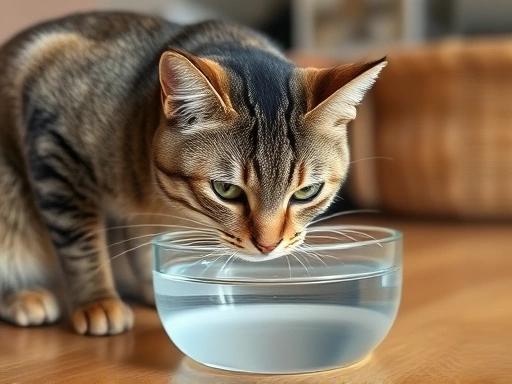 아늑한 집 안에서 물그릇에 담긴 물을 꼼꼼히 마시고 있는 갈색 줄무늬 고양이의 모습