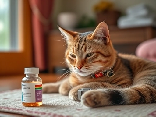 따뜻한 집안에서 편안하게 쉬고 있는 고양이 옆에 넥카라와 약통이 놓여 있는 장면