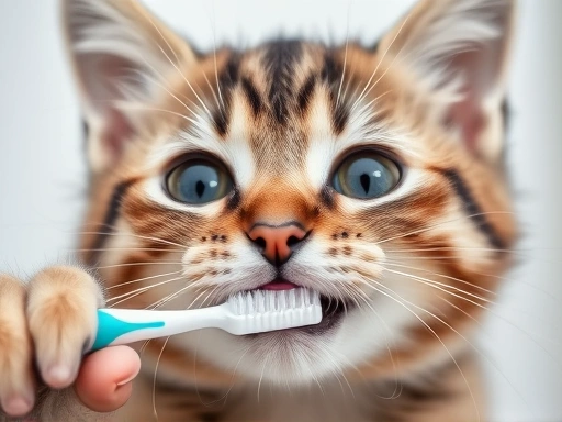 칫솔을 사용하는 귀여운 고양이의 클로즈업 이미지