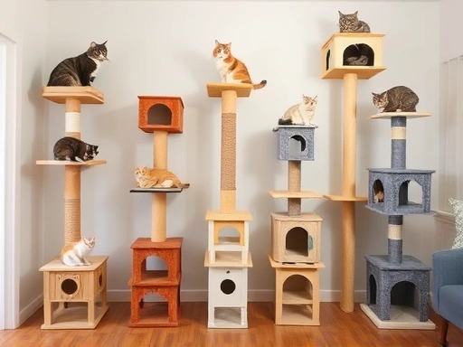 다양한 높이와 디자인의 고양이 캣타워들이 깔끔한 거실 공간에 조화롭게 놓여 있는 전경.