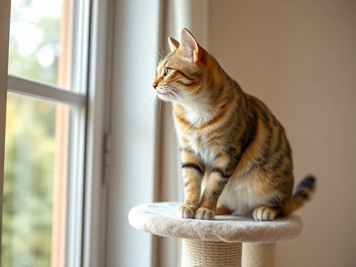 캣타워의 최상단에서 내려다보는 시점으로, 창밖을 바라보며 만족스럽게 앉아있는 활동적인 고양이의 클로즈업.
