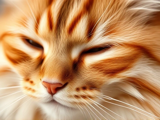 고양이 털이 윤기나고 건강해 보이는 클로즈업 샷, 털 결이 살아있고 빛나는 모습