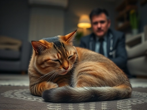 고양이 털볼 막힘으로 인해 고통스러워하며 몸을 웅크리고 있는 고양이의 모습