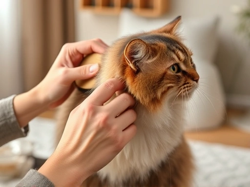 아늑한 실내에서 부드러운 브러시로 고양이 털을 빗어주는 다정한 손길, 고양이 털빠짐 관리와 털갈이 시기 대비를 위한 장면