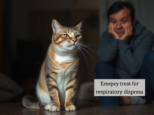 어두운 방에서 숨을 가쁘게 쉬고 있는 고양이의 전신 모습