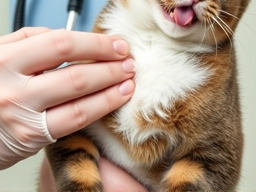 수의사가 고양이의 가슴을 청진하는 클로즈업 이미지