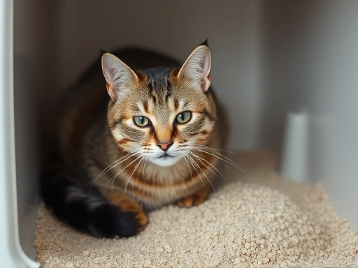 고양이가 깨끗한 화장실에서 편안하게 배변하고 있는 옆모습