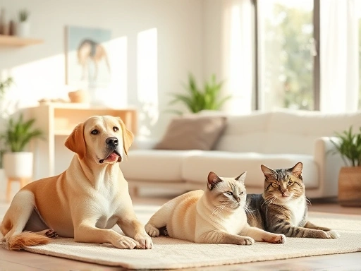 쾌적한 실내 환경에서 건강하게 생활하는 반려견과 반려묘가 함께 있는 모습
