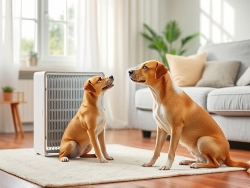 실내에서 반려동물과 함께 공기청정기가 작동하는 모습