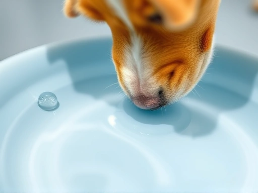 물그릇에 담긴 맑은 물과 물을 마시려는 반려동물의 클로즈업 모습