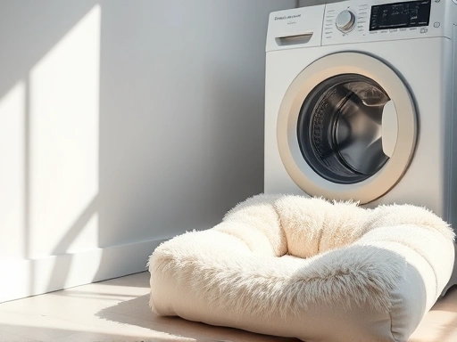 깨끗하고 폭신한 반려동물 방석이 세탁기 옆에서 햇빛을 받고 있는 모습
