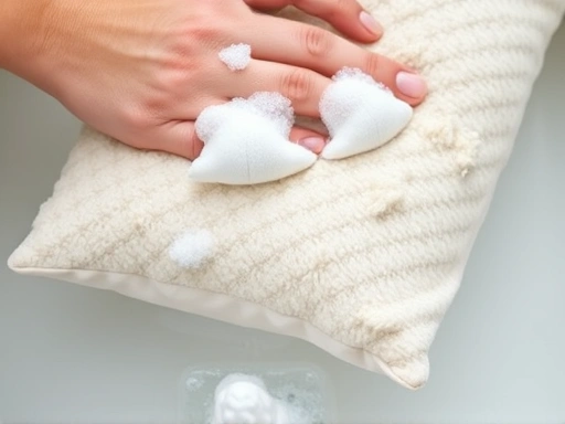 손으로 반려동물 방석을 조심스럽게 세탁하는 모습