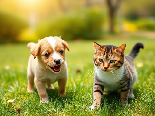 따뜻한 봄 햇살 아래 잔디밭에서 행복하게 뛰어노는 강아지와 고양이의 모습