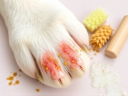 확대한 반려동물 발바닥에 묻은 꽃가루와 피부 트러블이 보이며, 그 옆으로 약용 샴푸와 브러시 등 알레르기 관리 용품이 놓여 있어 구체적인 봄철 알레르기 관리 방법을 연상시키는 클로즈업 이미지