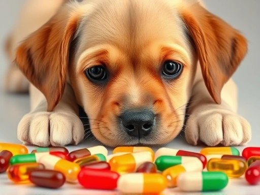 강아지가 다양한 색상의 비타민 알약을 바라보는 모습