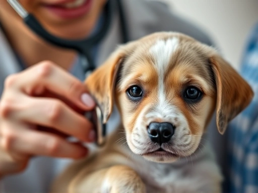 수의사가 청진기를 사용하여 강아지를 진찰하는 클로즈업 장면