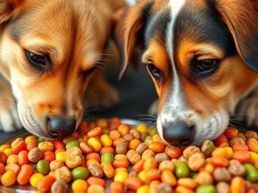 반려동물이 건강하게 생식과 사료를 즐기며 식사하는 장면