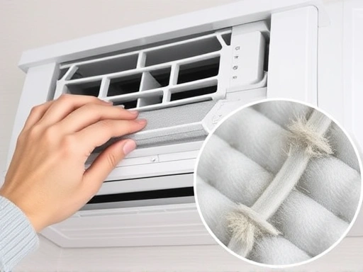 에어컨 필터를 청소하는 사람의 손과, 깨끗하게 관리된 에어컨 내부의 모습