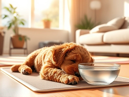 따뜻한 햇살이 드는 거실에서, 시원한 에어컨 바람 아래 편안하게 낮잠을 자고 있는 갈색 푸들 강아지의 모습