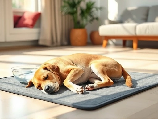 뜨거운 여름철, 반려동물이 시원한 쿨매트 위에 누워 평화롭게 낮잠을 자는 모습