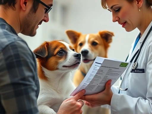 클로즈업으로 수의사 상담실에서 보호자가 반려동물과 함께 영양제 성분표를 꼼꼼히 확인하며 수의사와 이야기하는 모습