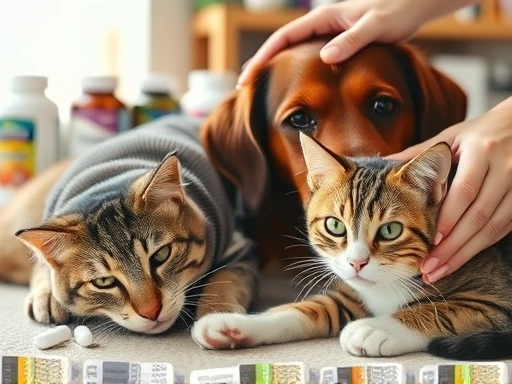 다정한 손길이 쓰다듬는 건강하고 윤기나는 털을 가진 강아지와 고양이가 편안하게 쉬고 있는 모습