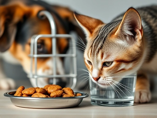 고품질 사료와 신선한 물을 섭취하며 건강을 유지하는 반려동물의 클로즈업 사진, 강아지가 물을 마시거나 고양이가 밥을 먹는 순간을 포착하여 균형 잡힌 영양과 충분한 수분 섭취가 반려동물 건강에 미치는 긍정적인 영향을 강조.
