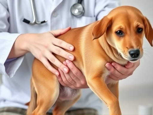 A veterinarian carefully examines a dog's stomach, providing information about the benefits of probiotics