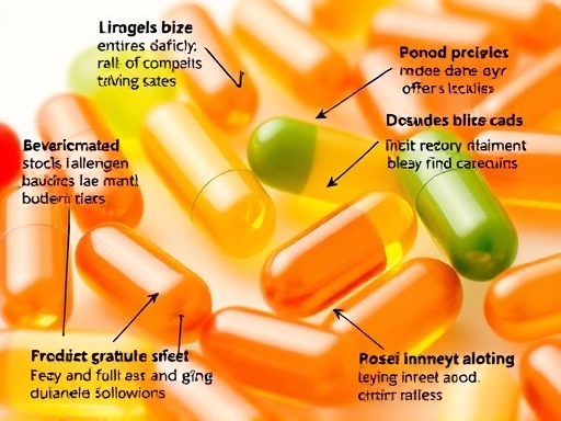 Close-up shot of probiotic capsules with detailed explanations of ingredients and benefits for pets