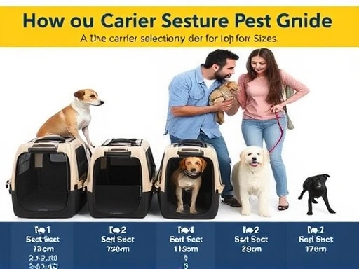 다양한 종류의 반려동물 이동장들이 줄지어 놓여 있고, 한 가족이 강아지와 함께 이동장 크기를 신중하게 살펴보는 모습