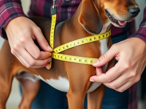 줄자로 강아지의 몸통 길이를 정확하게 측정하고 있는 보호자의 손이 클로즈업된 장면