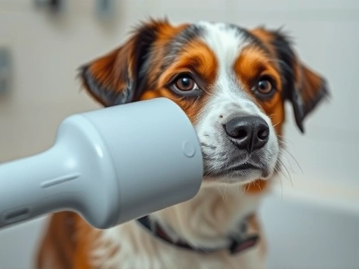 반려동물(강아지)이 목욕 후 드라이어로 털을 꼼꼼하게 말리는 클로즈업 장면