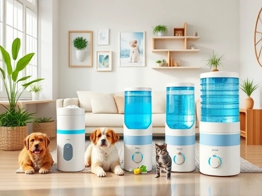 다양한 종류의 반려동물 정수기가 놓여진 밝고 깔끔한 거실 공간, 강아지와 고양이가 주변에서 편안하게 휴식하며 정수기를 바라보는 모습
