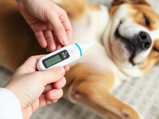 동물 전용 디지털 체온계를 든 사람의 손이 반려견의 직장에 체온계를 부드럽게 삽입하려는 순간을 클로즈업하여 보여주는 이미지