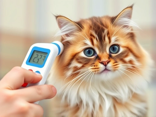 반려동물 보호자가 털이 복슬복슬한 고양이의 귀 근처에 귀 체온계를 대고 체온을 재는 모습