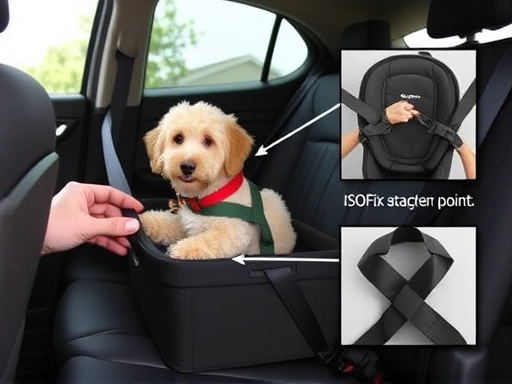 반려동물 카시트 고정 방법을 보여주는 클로즈업 이미지