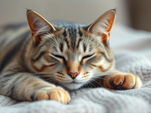 Close-up of a senior cat with arthritis, resting comfortably on a soft blanket, showcasing joint pain relief.