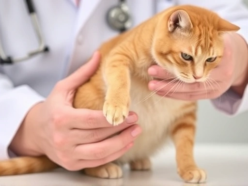A veterinarian gently examining a cat's leg joint, emphasizing the importance of early arthritis detection and care.