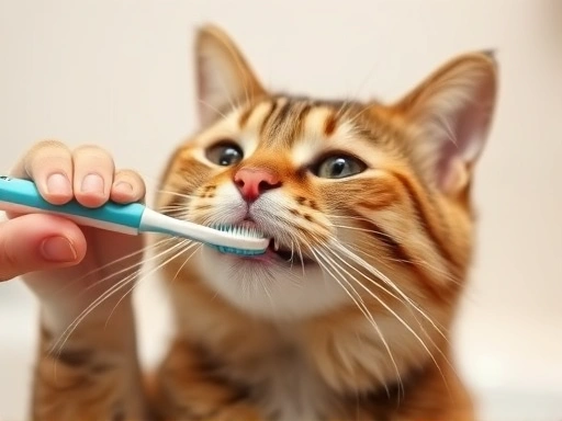 A cat calmly accepting a toothbrush, emphasizing a gentle and positive oral care experience
