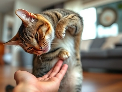 Close-up of a tabby cat arching its back, resisting a hand reaching for its belly, with a blurred living room backdrop.