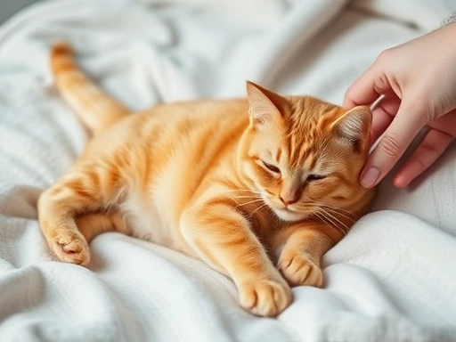 A serene ginger cat lying on a soft blanket, subtly twitching its tail as a hand gently strokes its fur.