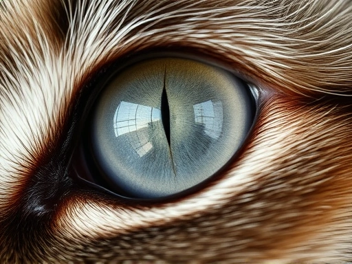 Close-up of a cat's eye with early signs of cataracts, focus on the subtle cloudiness and light reflection, soft light.