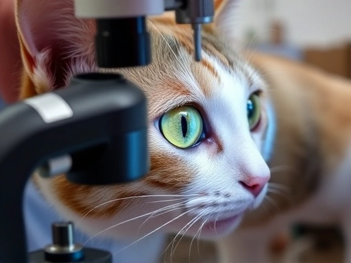 Veterinarian examining a cat's eye with a slit lamp, highlighting the lens and early cataract formation, professional setting.