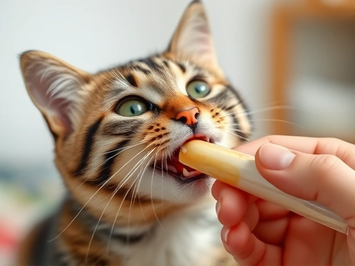 A cat happily eating Churu from a tube held by a human hand, focusing on the cat's expression.