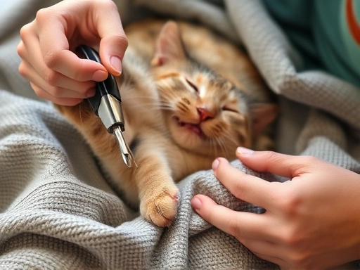 A cat lying comfortably on a blanket while its owner gently trims its claws using clippers.