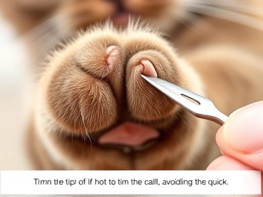 Close-up of a cat's paw being held gently, with a focus on trimming the tip of the claw, avoiding the quick.