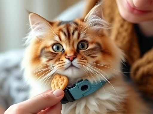 A fluffy cat wearing a comfortable safety collar, looking curiously at a treat held by a gentle owner.